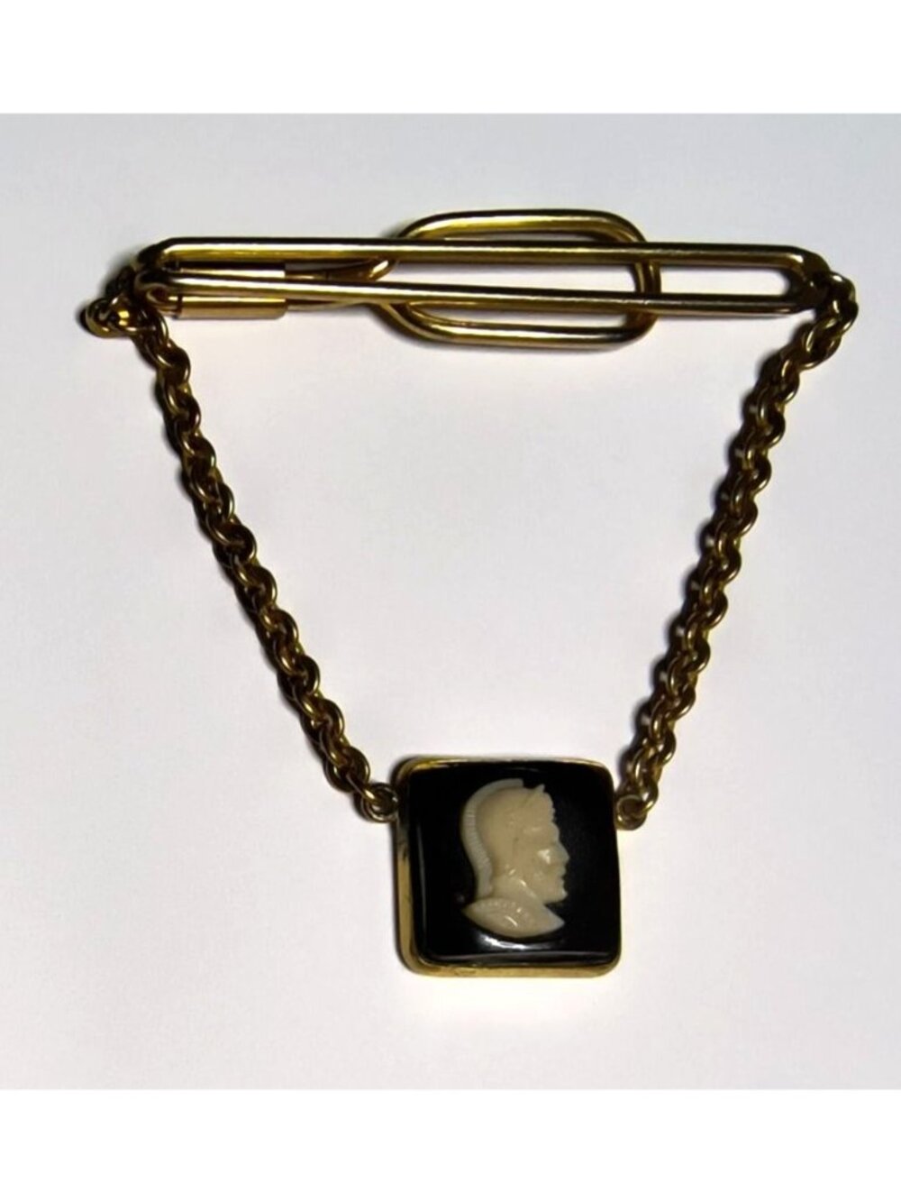 Vintage Swank Gold-Tone Chain Tie Bar With Black & Ivory Cameo Accent